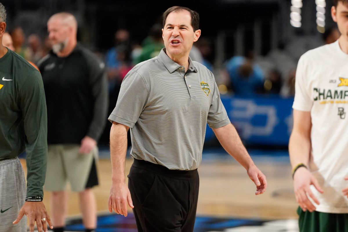Mar 16, 2022; Fort Worth, TX, USA; Baylor Bears head coach Scott Drew looks on during practice before the first round of the 2022 NCAA Tournament at Dickies Arena.